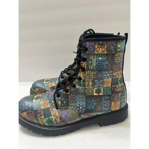 Bohemian Combat Boots Colorful Lace-Up Faux Leather Rubber Soles Women's 11/11.5